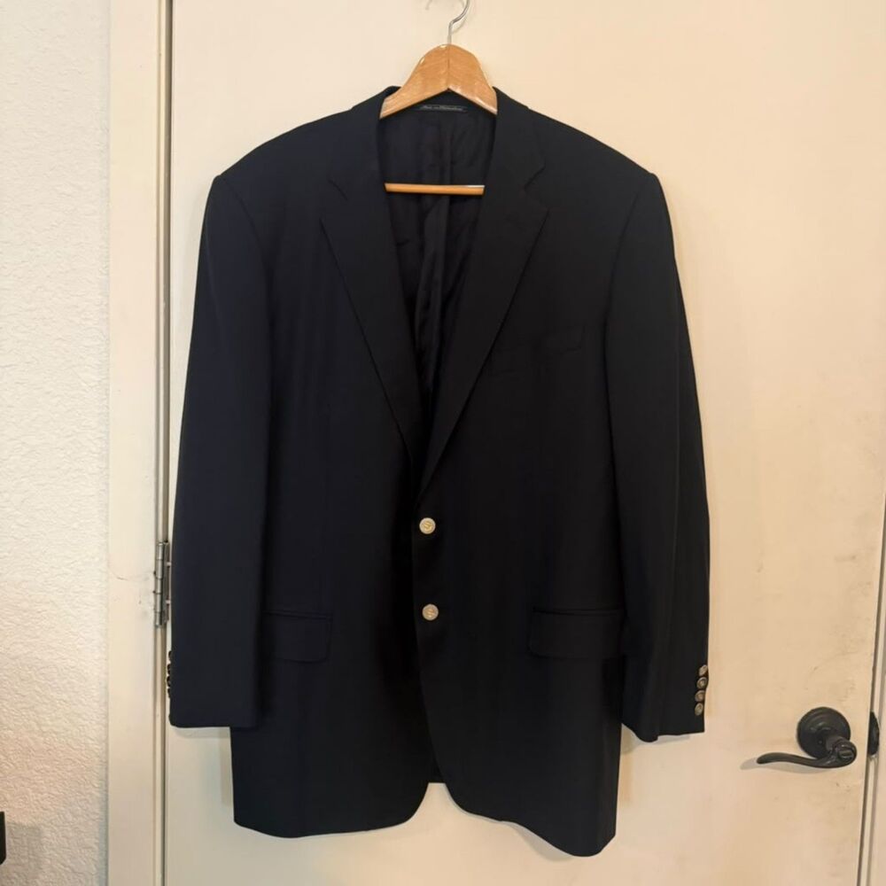 Vintage Ermenegildo Zegna Navy Blazer Gold Logo Buttons Mens Sport Coat